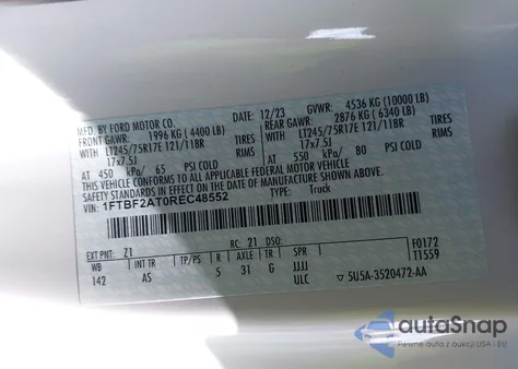 2024 Ford F-250 Xl z USA, uszkodzony, nr VIN 1FTBF2AT0REC48552